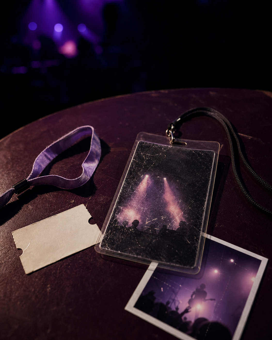 A backstage pass laminate, concert wristband, ticket, and printed show photo resting on a dark table