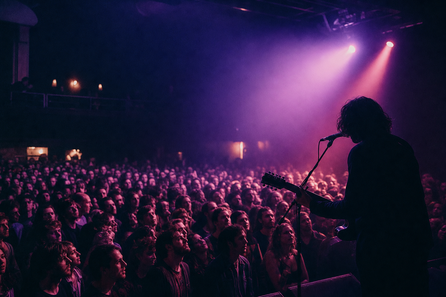 Side-stage view of a musician performing for a crowded room